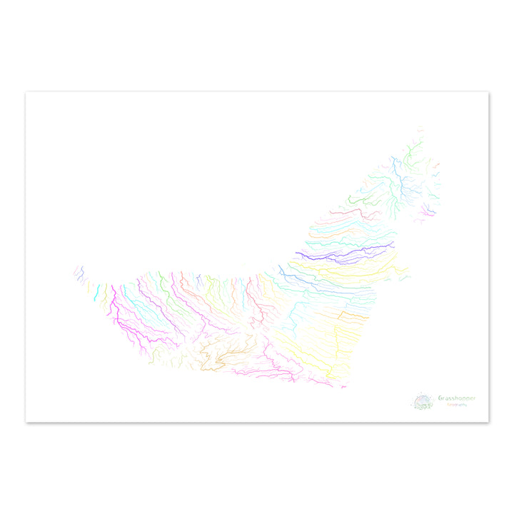 Émirats Arabes Unis - Carte des bassins fluviaux, pastel sur blanc - Fine Art Print