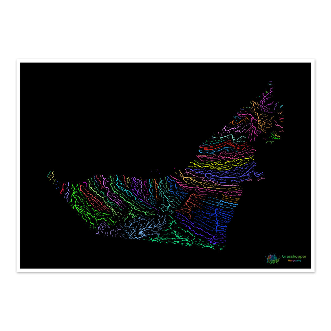 River basin map of the United Arab Emirates, rainbow colours on black - Fine Art Print