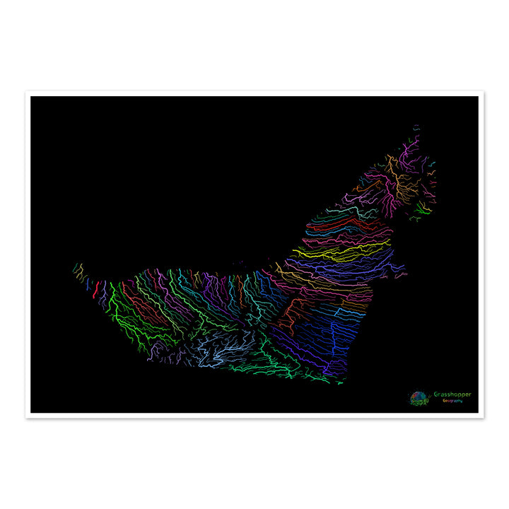 River basin map of the United Arab Emirates, rainbow colours on black - Fine Art Print