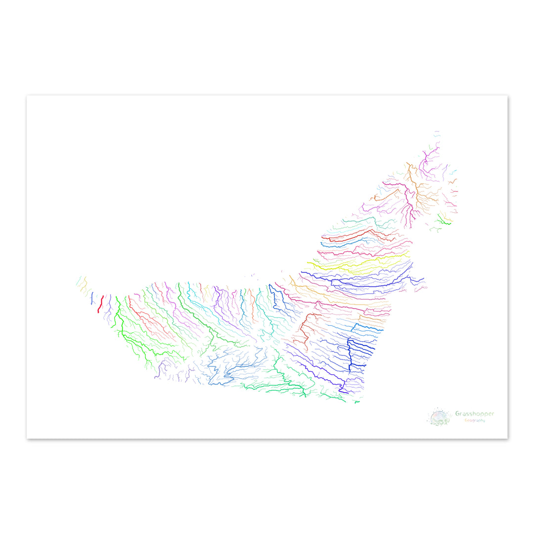 Emiratos Árabes Unidos - Mapa de la cuenca fluvial, arco iris sobre blanco - Impresión de Bellas Artes