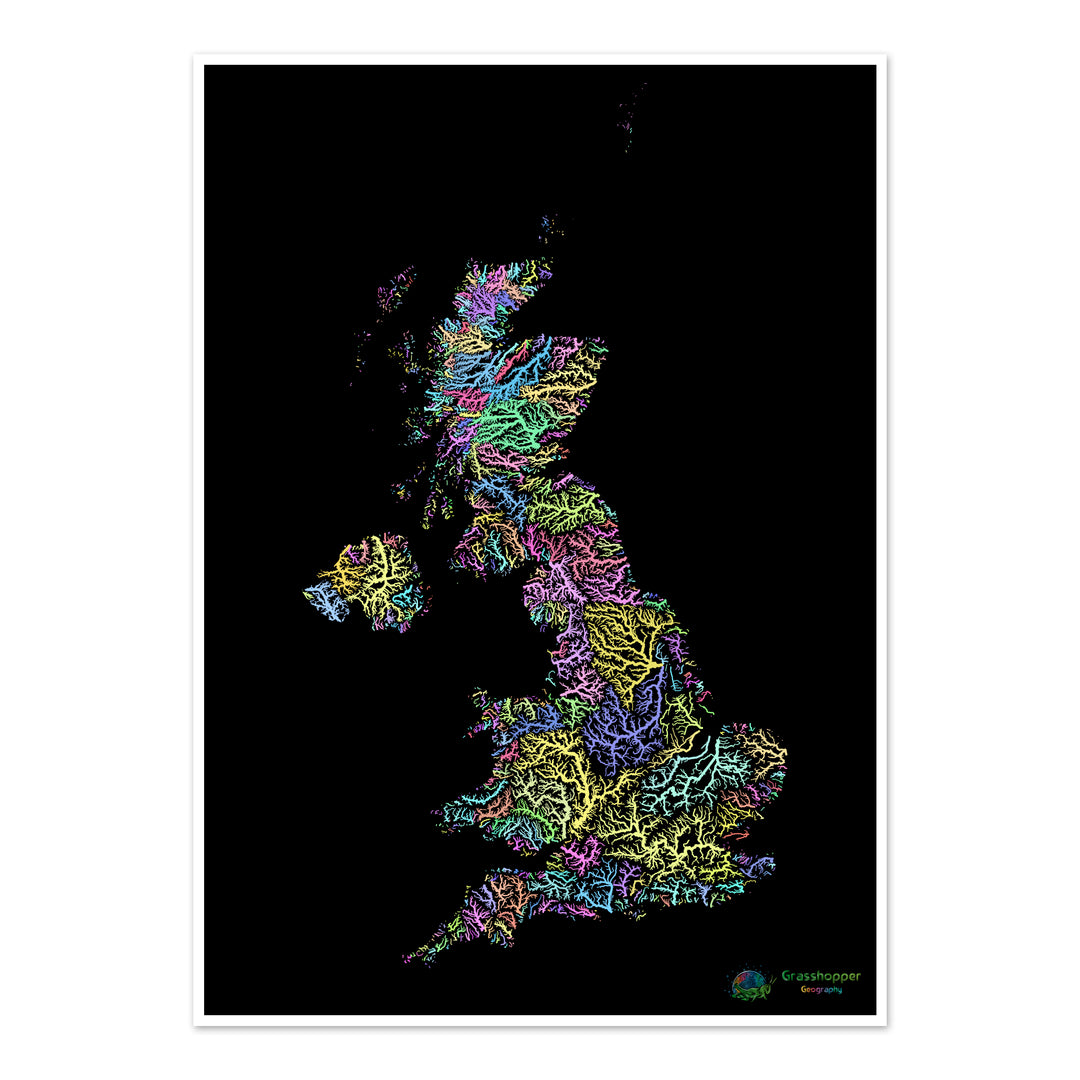 River basin map of the United Kingdom, pastel colours on black - Fine Art Print