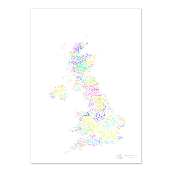Royaume-Uni - Carte des bassins fluviaux, pastel sur blanc - Fine Art Print