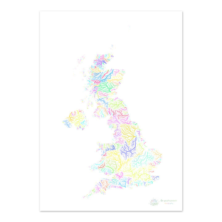 英国 - 河流流域地图，白色粉彩 - 美术印刷品