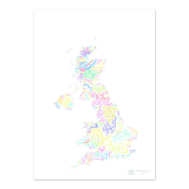 The United Kingdom - River basin map, pastel on white - Fine Art Print