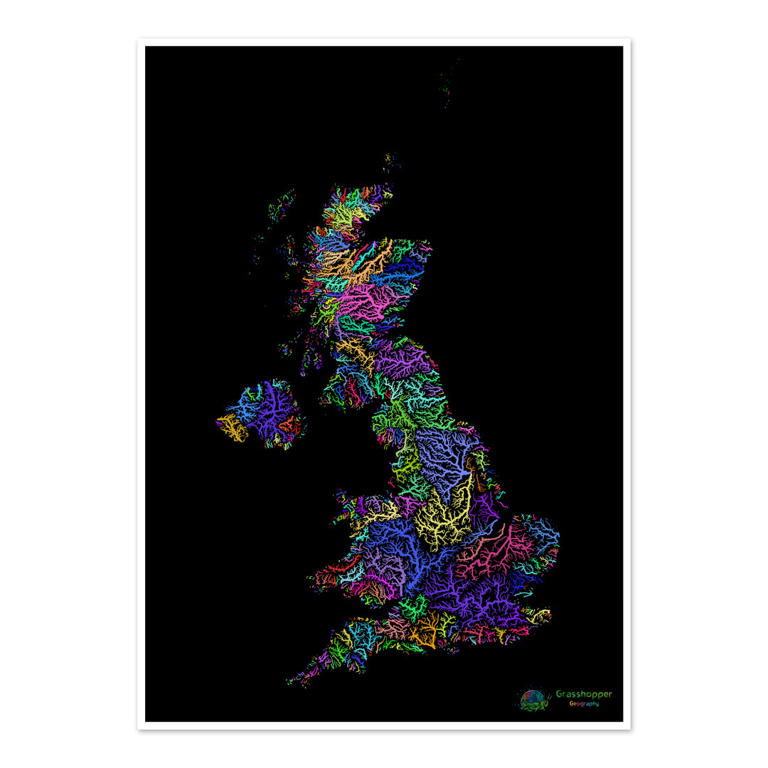 The United Kingdom - River basin map, rainbow on black - Fine Art Print