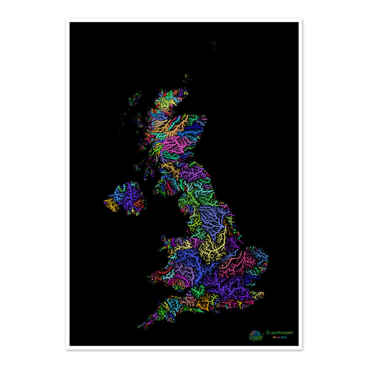 Royaume-Uni - Carte des bassins fluviaux, arc-en-ciel sur noir - Fine Art Print