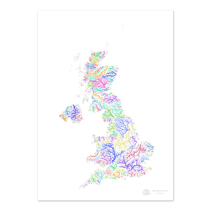 Reino Unido - Mapa de cuencas fluviales, arco iris sobre blanco - Impresión de Bellas Artes