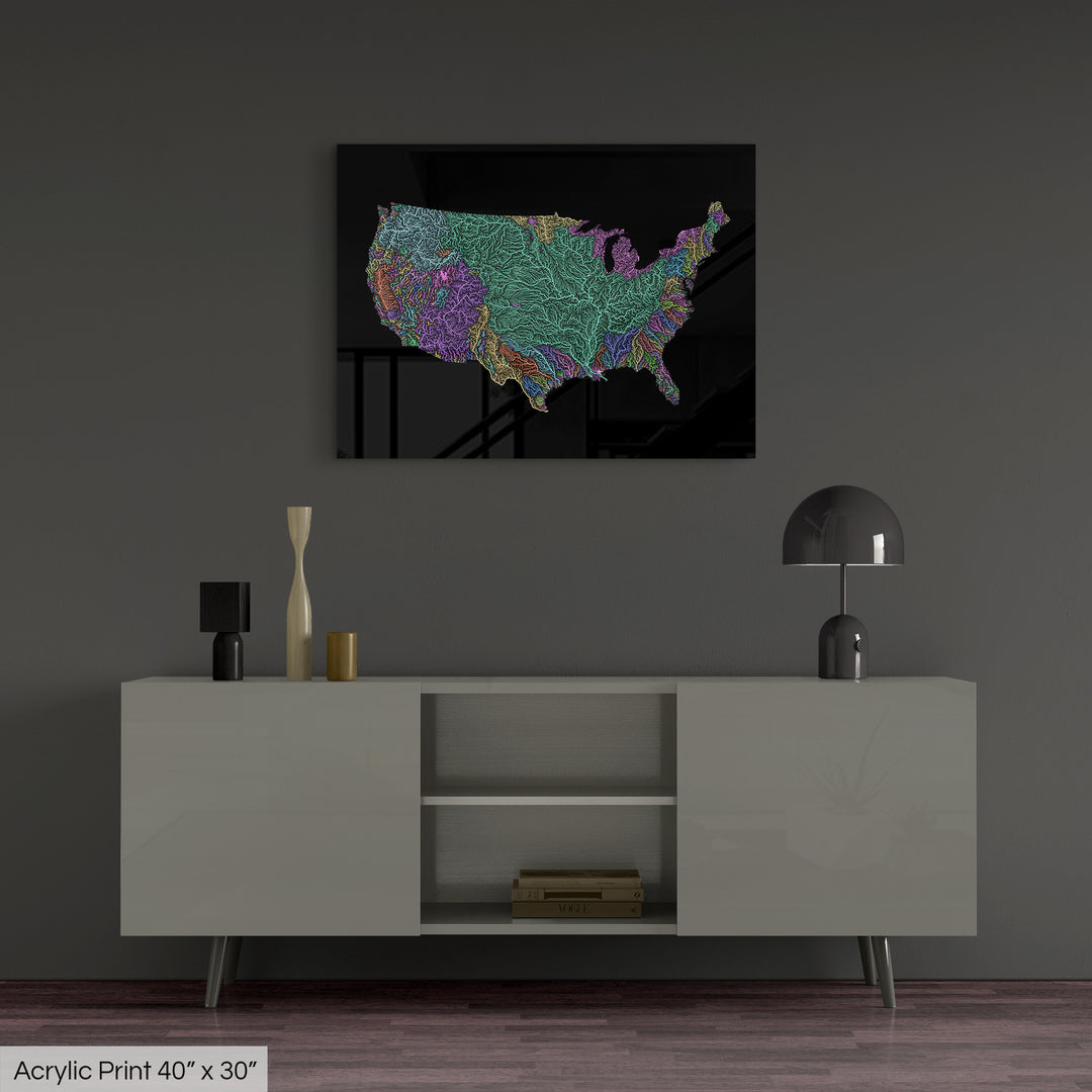 United States - River basin map, pastel colours - Wall Art