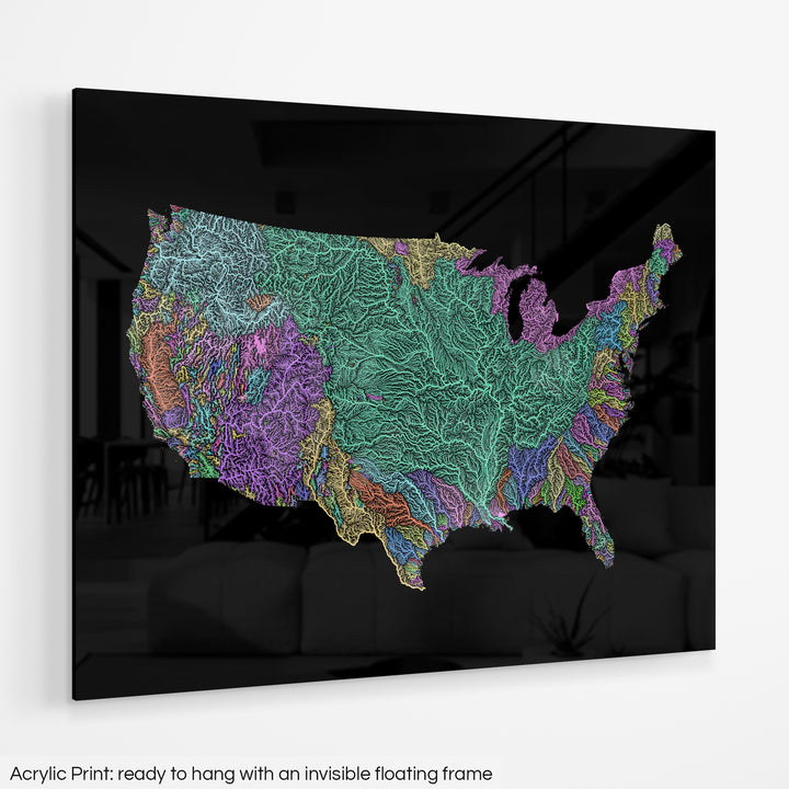 United States - River basin map, pastel colours - Wall Art