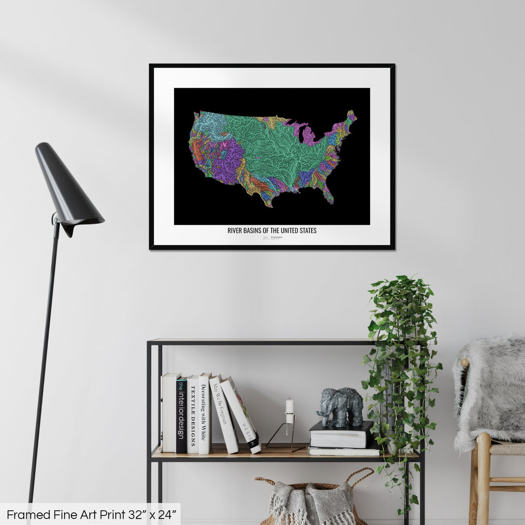 United States - River basin map, pastel colours - Wall Art