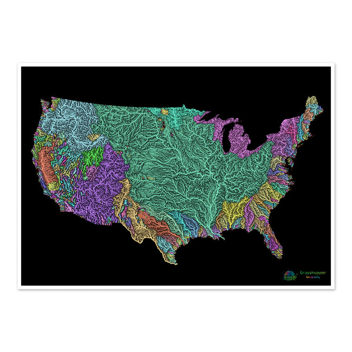 River basin map of the United States, pastel colours on black - Fine Art Print