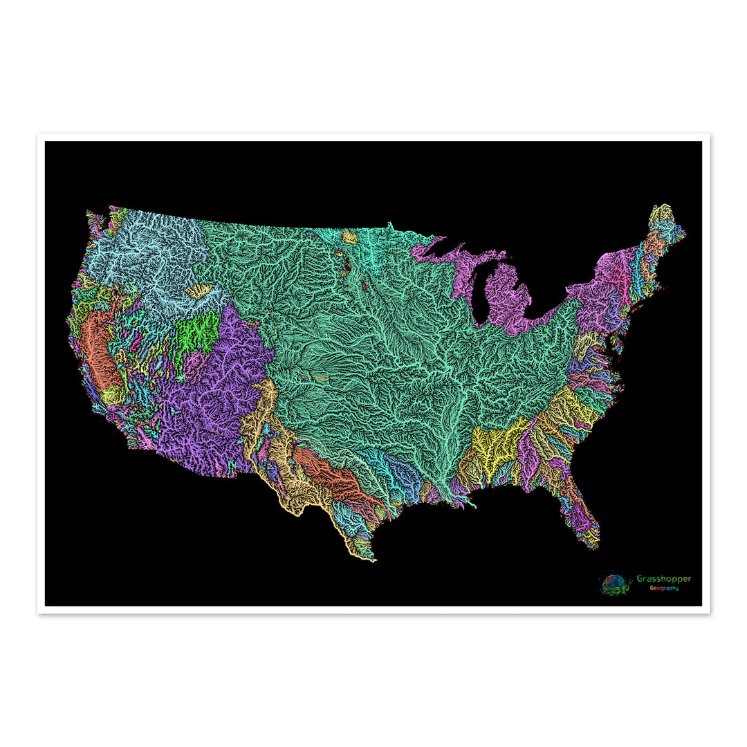 Estados Unidos - Mapa de la cuenca fluvial, pastel sobre negro - Impresión de Bellas Artes