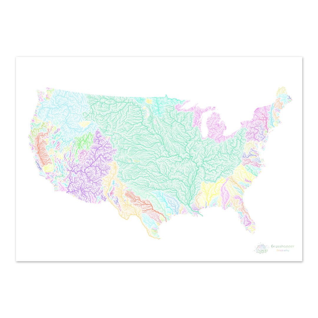 美国 - 河流流域地图，白色粉彩 - 美术印刷品