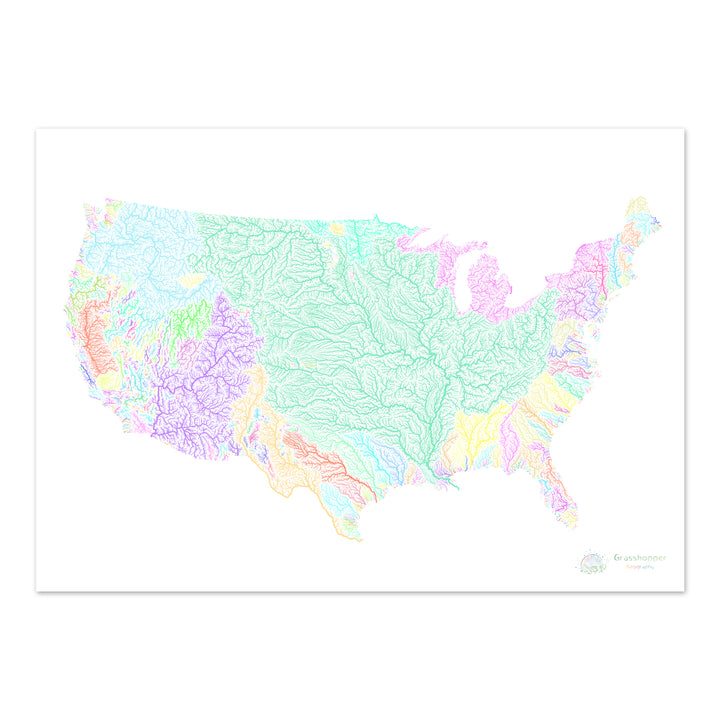 美国 - 河流流域地图，白色粉彩 - 美术印刷品