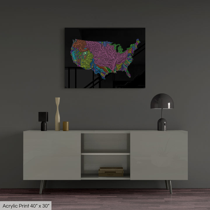 United States - River basin map, rainbow colours - Wall Art