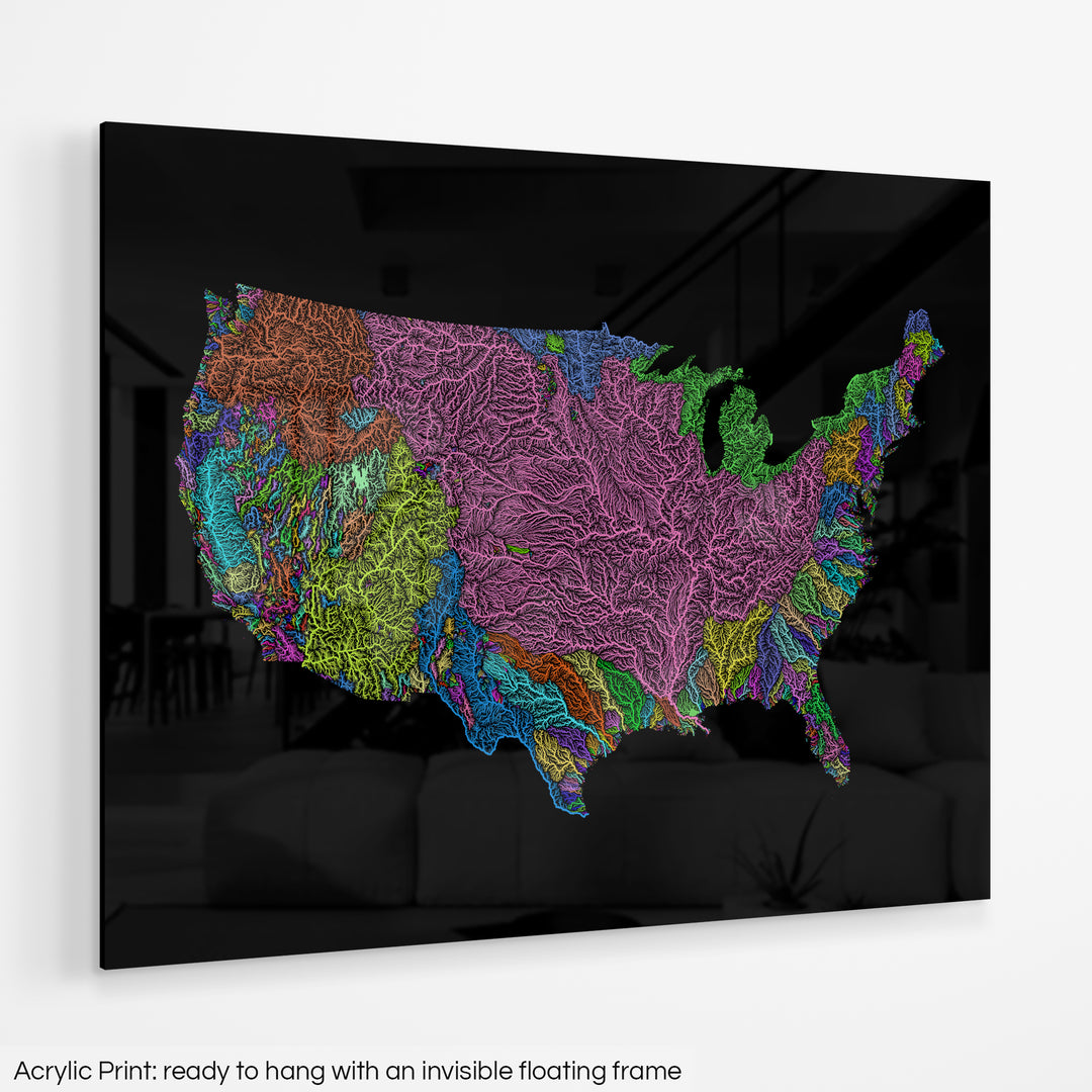 United States - River basin map, rainbow colours - Wall Art