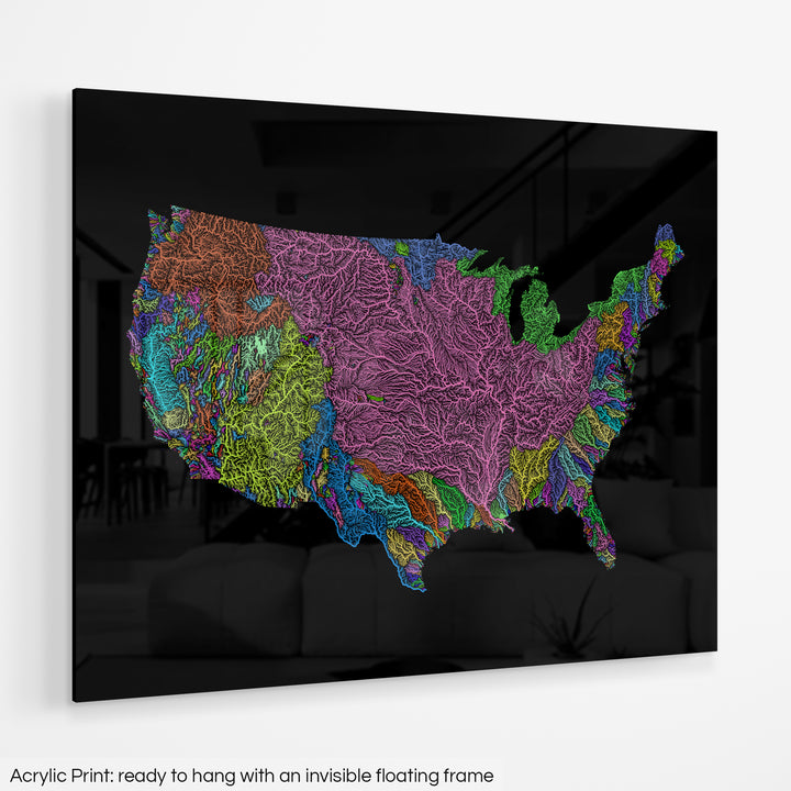 United States - River basin map, rainbow colours - Wall Art