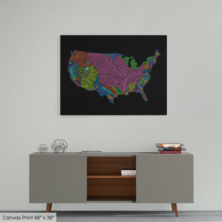 United States - River basin map, rainbow colours - Wall Art