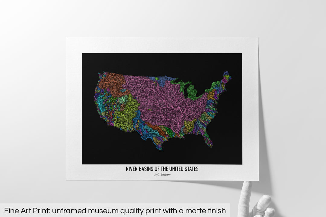 United States - River basin map, rainbow colours - Wall Art