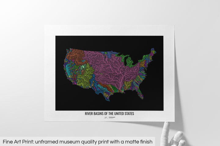United States - River basin map, rainbow colours - Wall Art