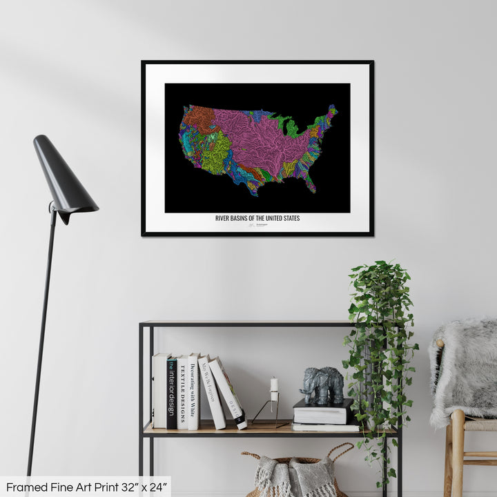 United States - River basin map, rainbow colours - Wall Art