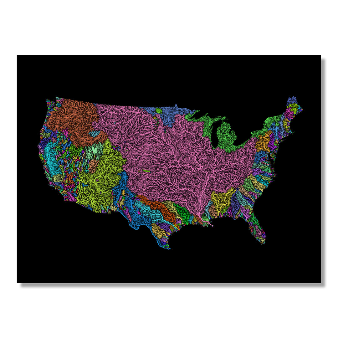United States - River basin map, rainbow colours - Wall Art