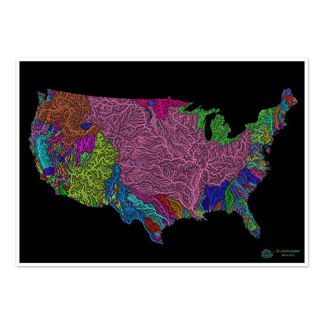 Estados Unidos - Mapa de cuencas fluviales, arco iris sobre negro - Impresión de Bellas Artes