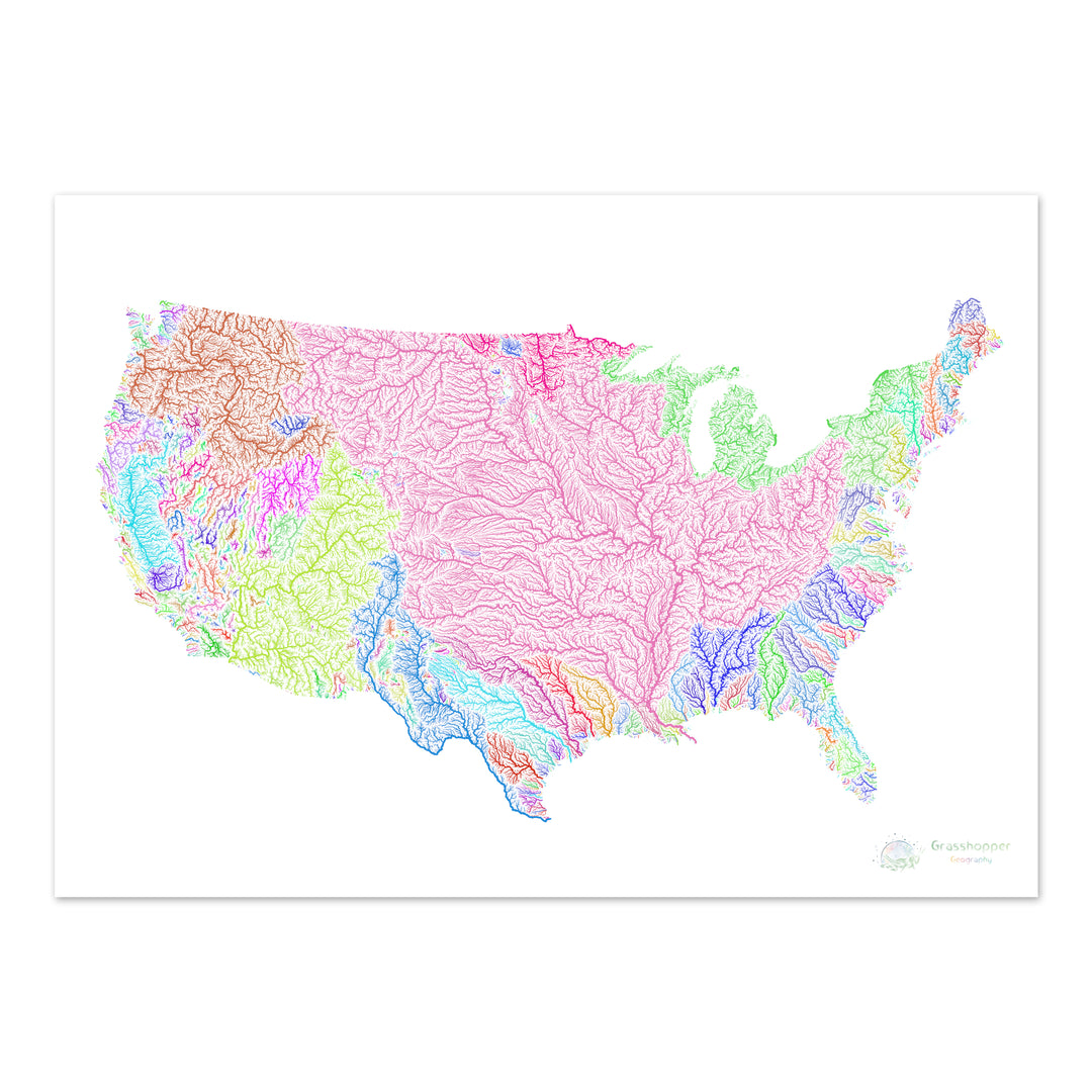 Estados Unidos - Mapa de cuencas fluviales, arco iris sobre blanco - Impresión de Bellas Artes