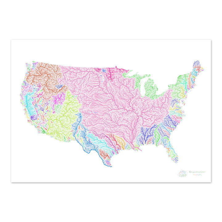États-Unis - Carte des bassins fluviaux, arc-en-ciel sur blanc - Fine Art Print