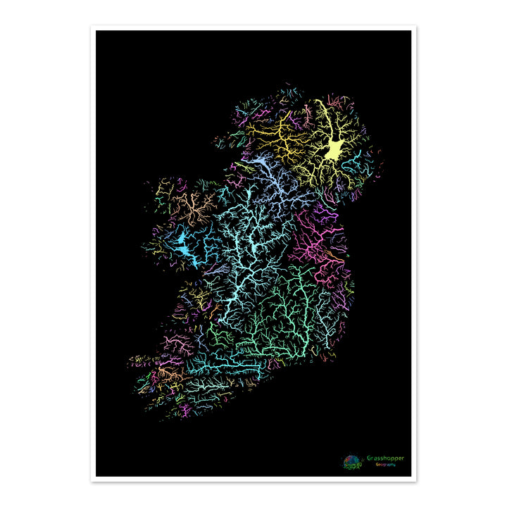 River basin map of the island of Ireland, pastel colours on black - Fine Art Print