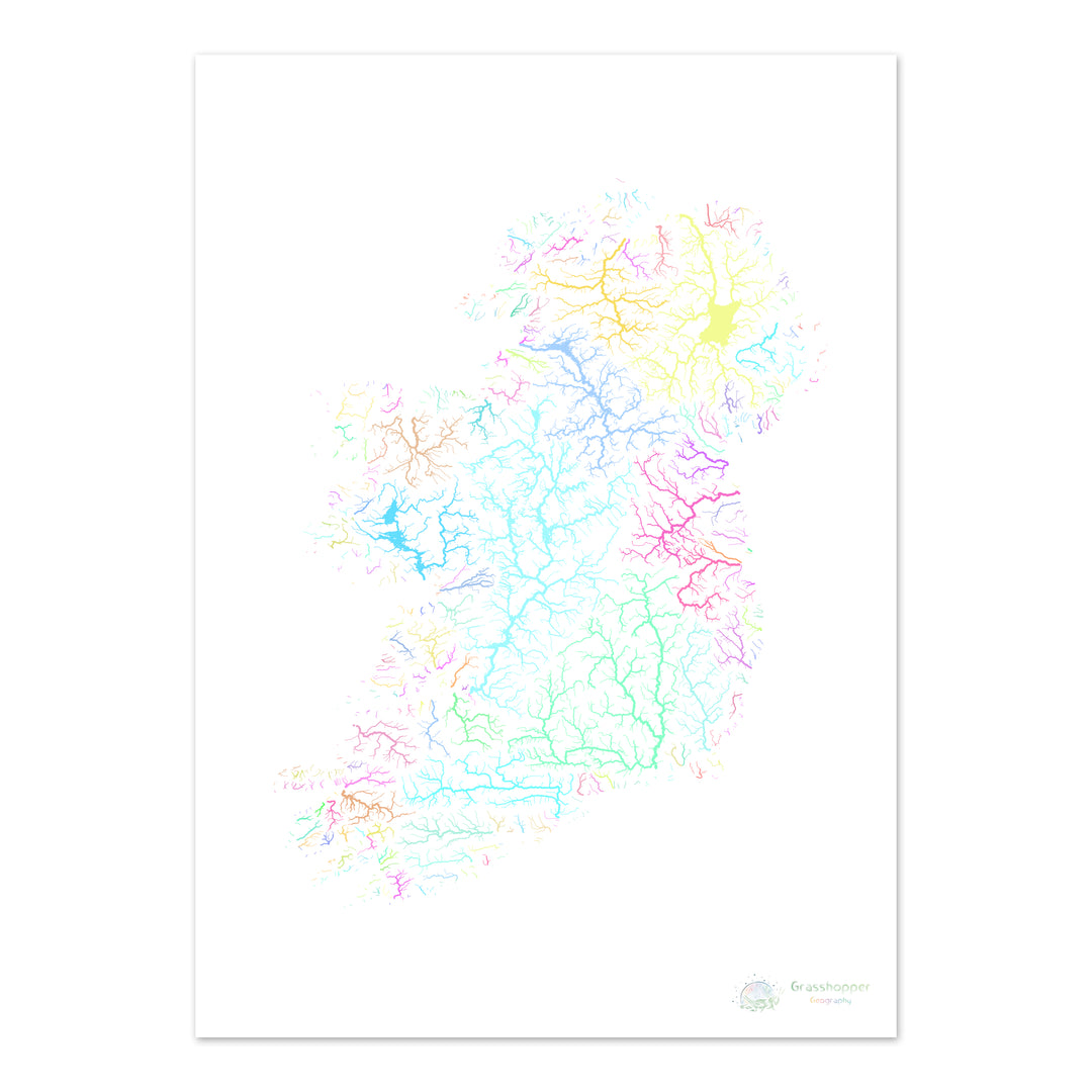 River basin map of the island of Ireland, pastel colours on white - Fine Art Print