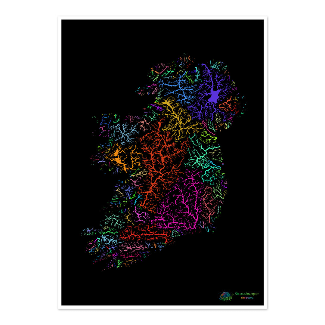 The island of Ireland - River basin map, rainbow on black - Fine Art Print