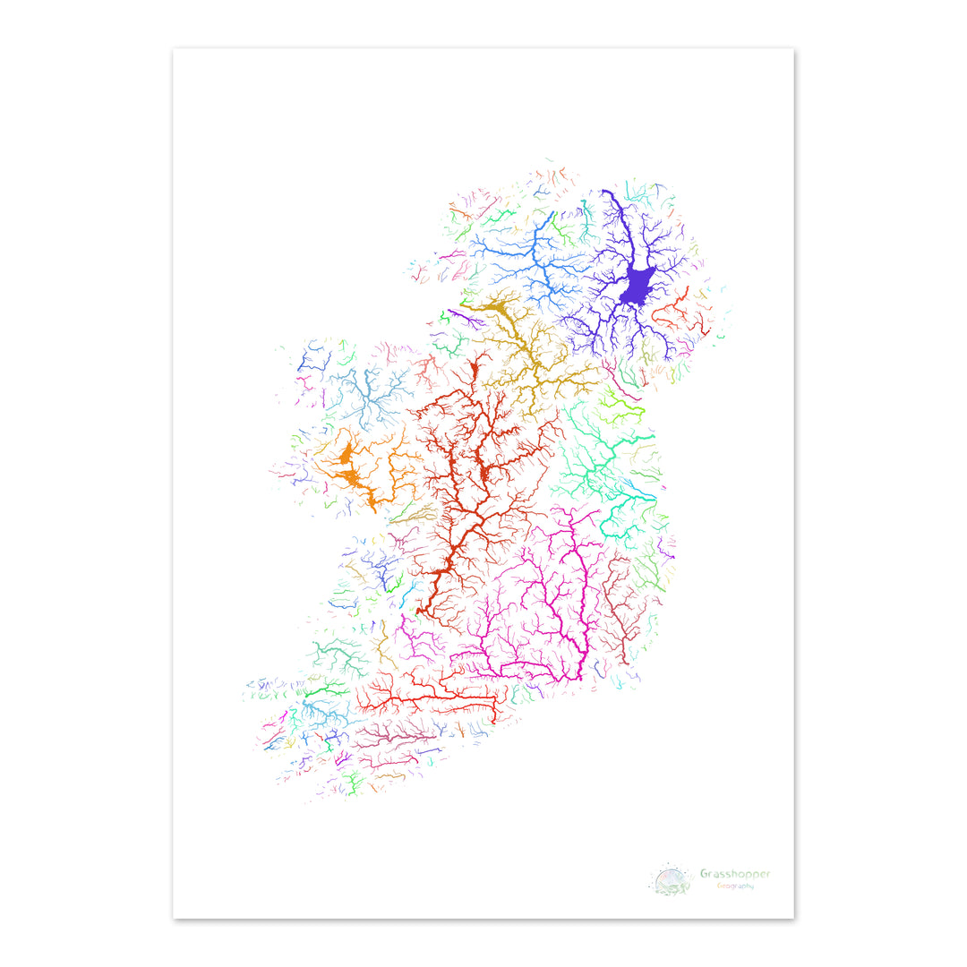 L'île d'Irlande - Carte des bassins fluviaux, arc-en-ciel sur blanc - - Tirage d'art