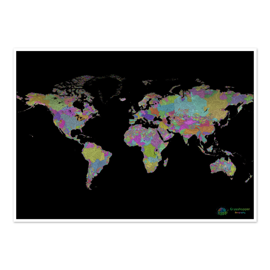 Le monde - Carte des bassins fluviaux, pastel sur noir - Fine Art Print