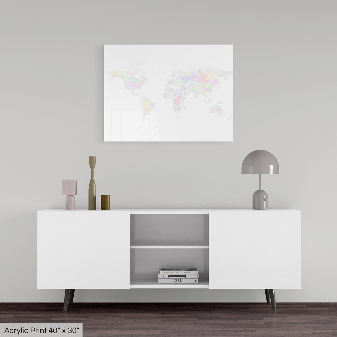 The World - River basin map, pastel colours on white - Wall Art