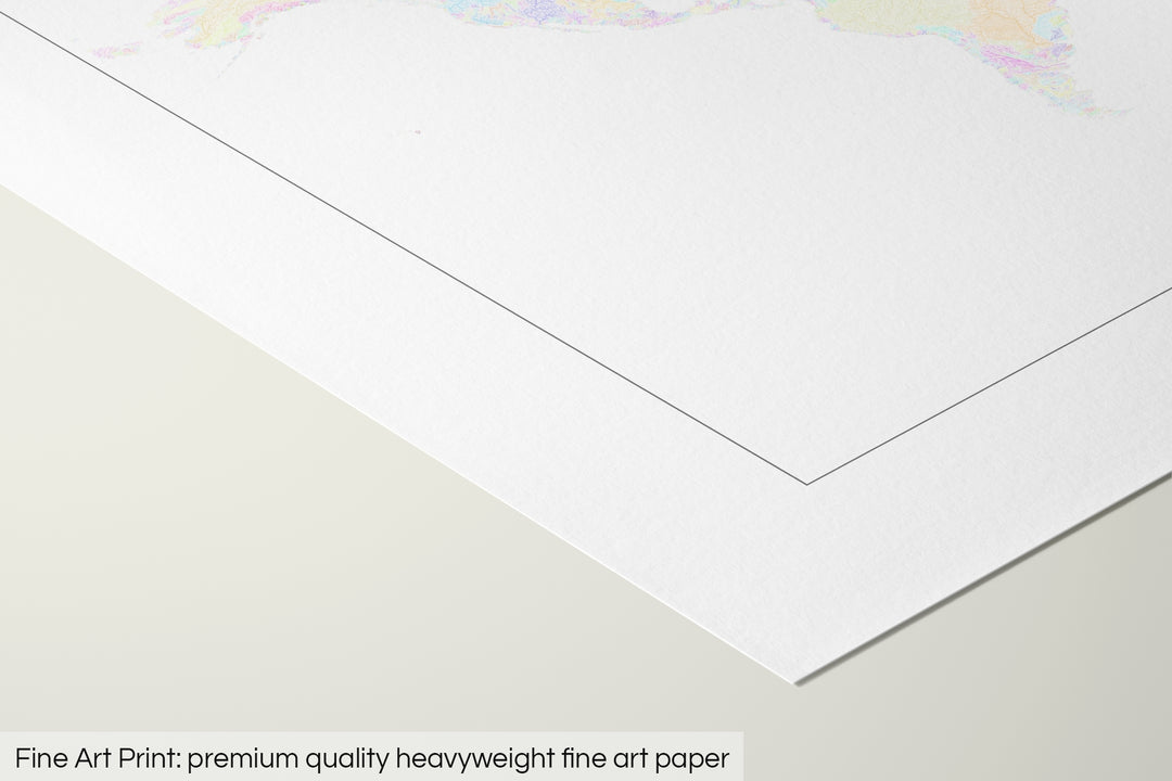The World - River basin map, pastel colours on white - Wall Art