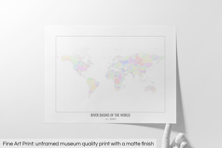The World - River basin map, pastel colours on white - Wall Art