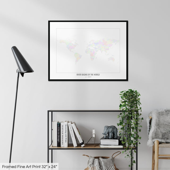 The World - River basin map, pastel colours on white - Wall Art