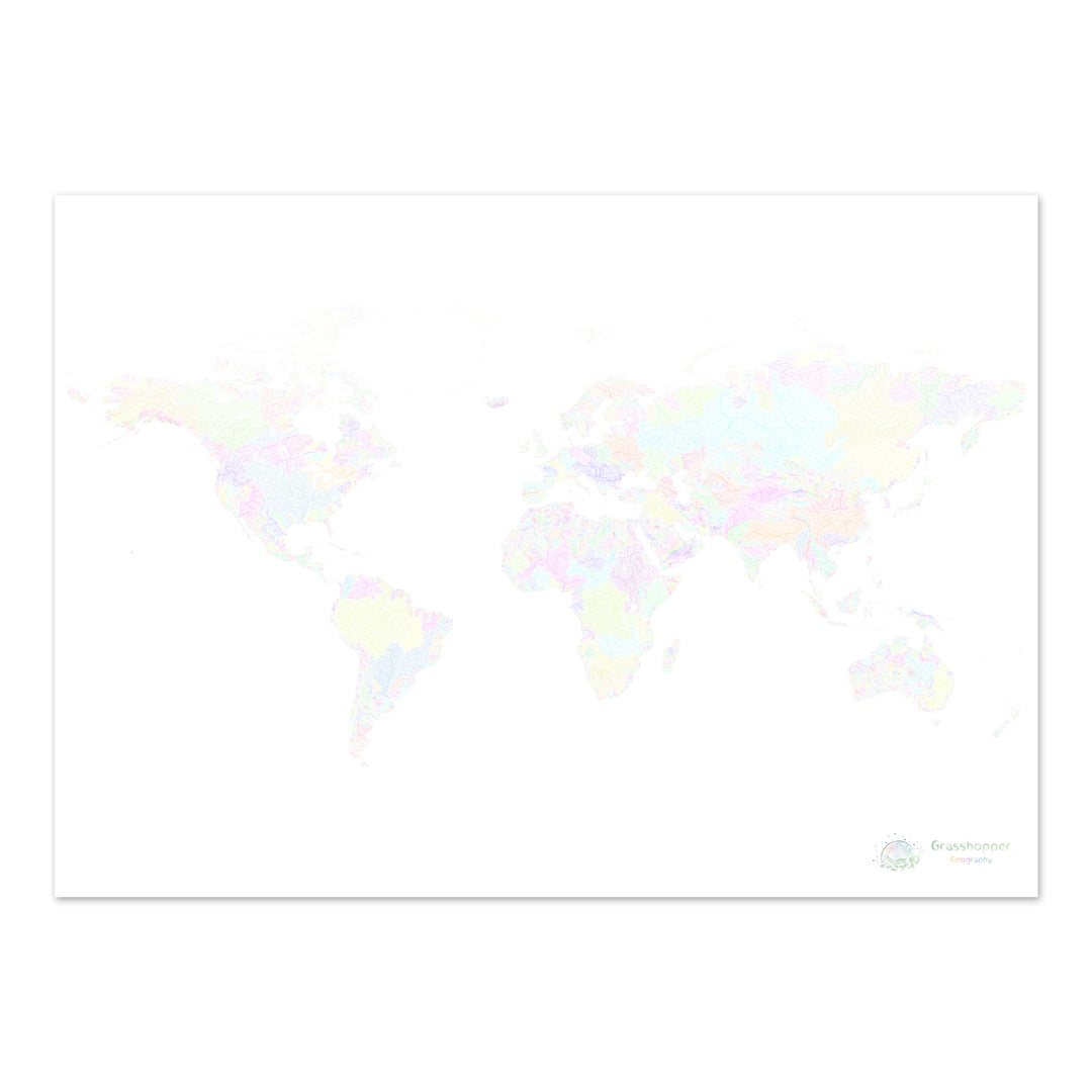 River basin map of the world, pastel colours on white - Fine Art Print