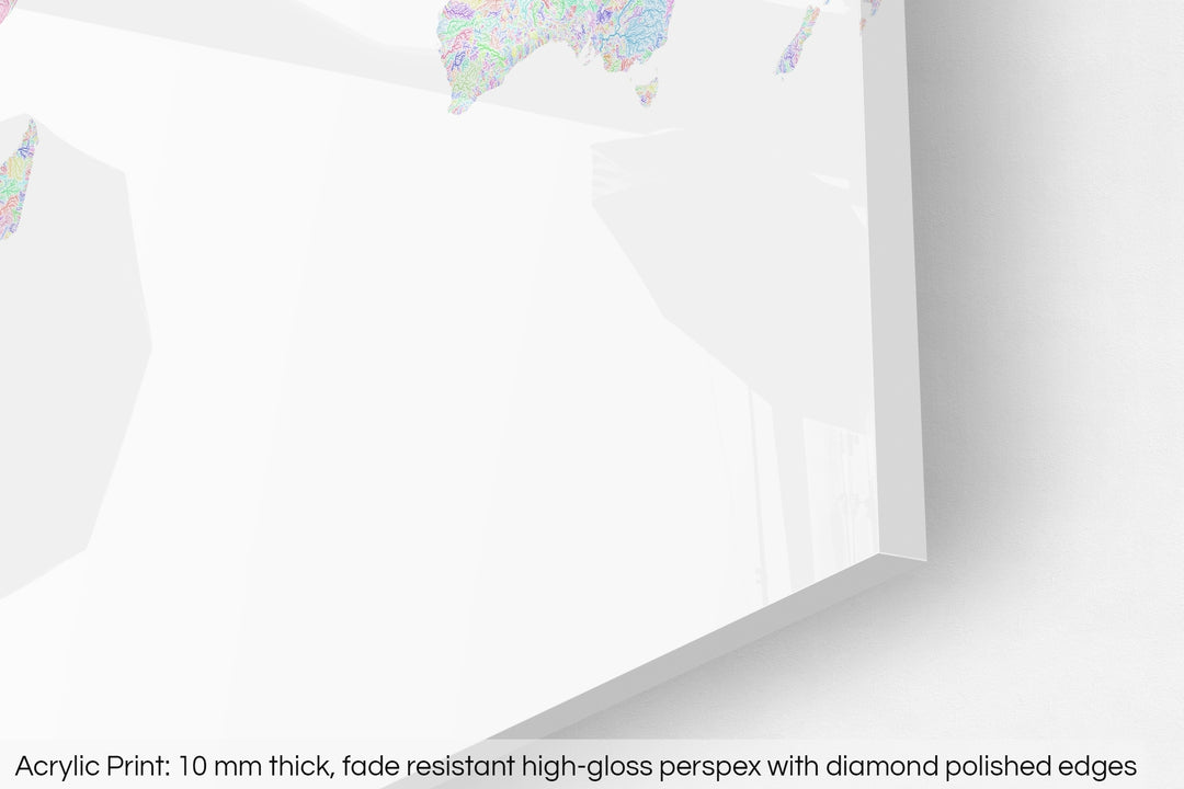 The World - River basin map, rainbow colours on white - Wall Art