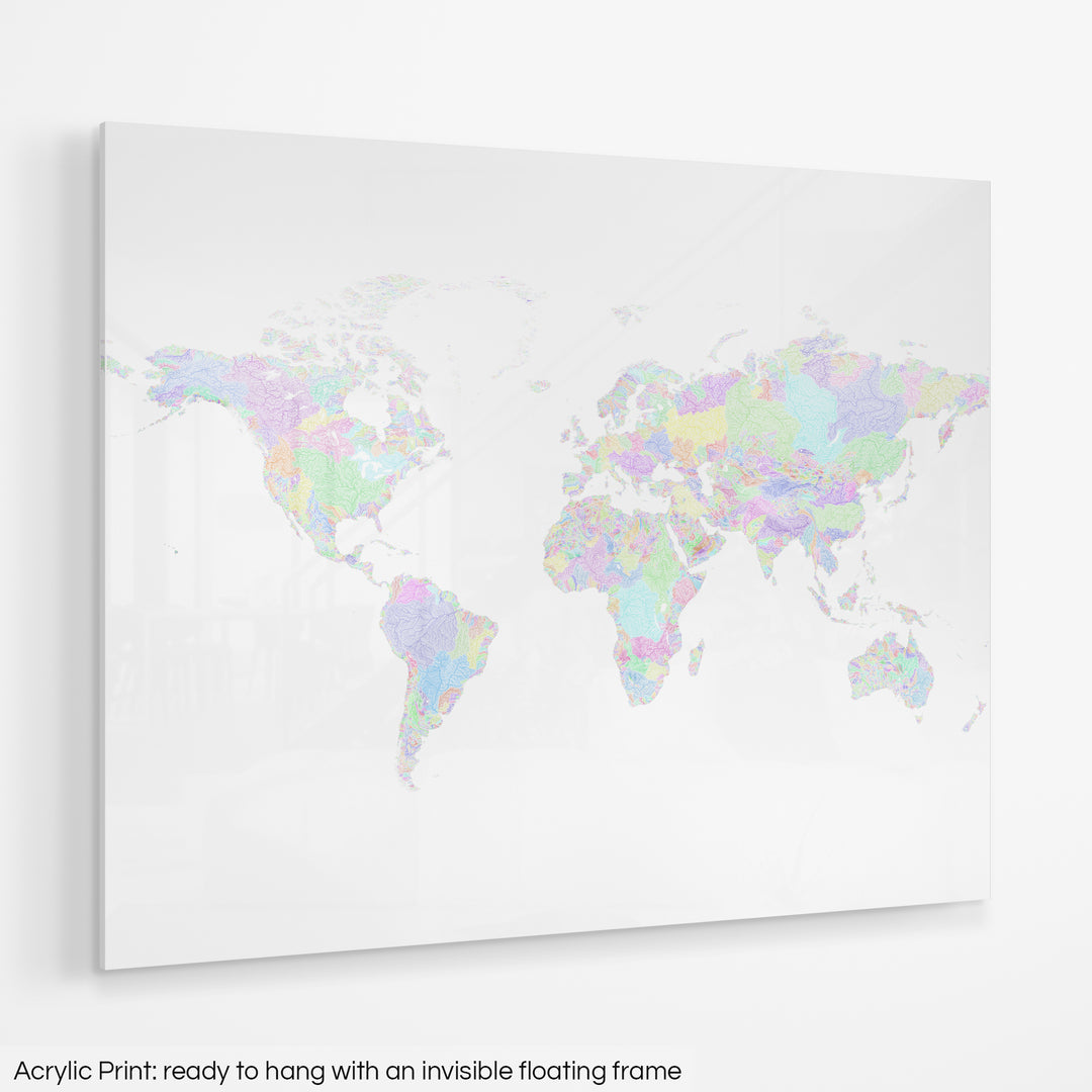 The World - River basin map, rainbow colours on white - Wall Art