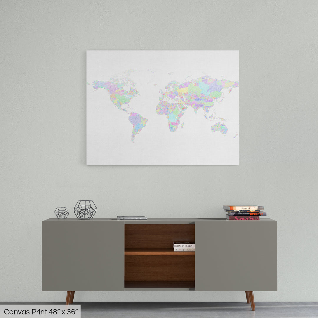 The World - River basin map, rainbow colours on white - Wall Art