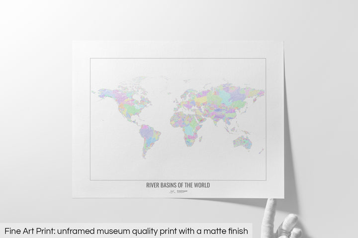 The World - River basin map, rainbow colours on white - Wall Art