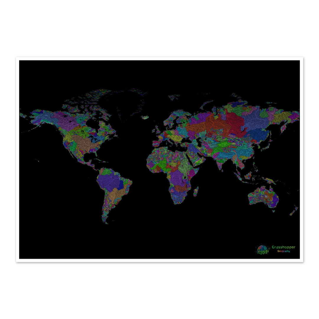 The world - River basin map, rainbow on black - Fine Art Print