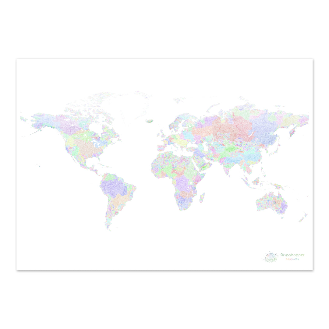 El mundo - Mapa de cuencas fluviales, arco iris sobre blanco - Impresión de Bellas Artes