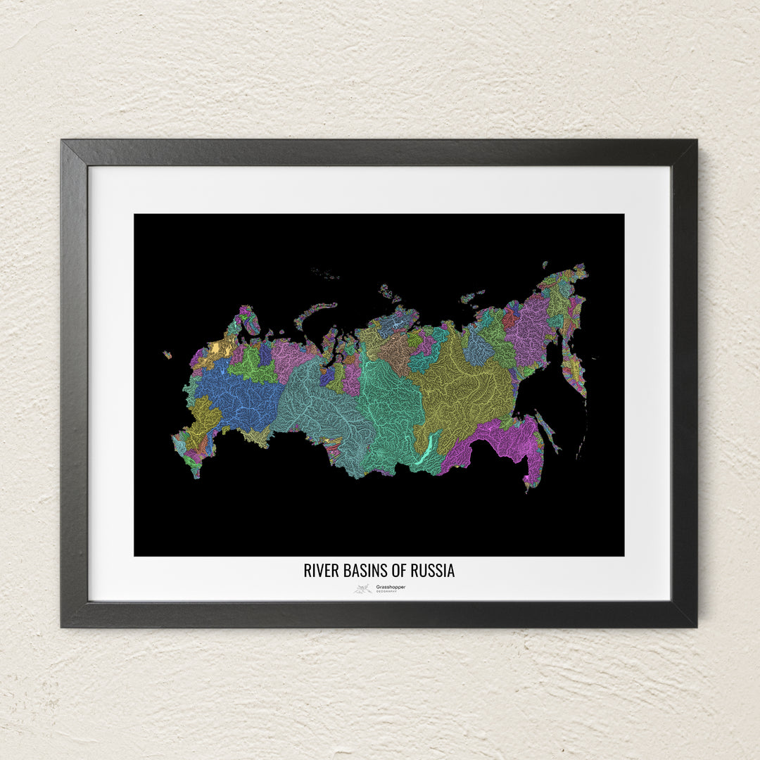 A colorful Grasshopper Geography river map on a light wall. The premium fine art poster is in a black frame with a white border. The name of the country, continent or region is printed under the image.