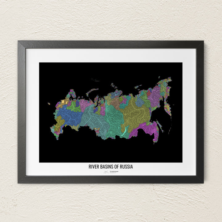 A colorful Grasshopper Geography river map on a light wall. The premium fine art poster is in a black frame with a white border. The name of the country, continent or region is printed under the image.
