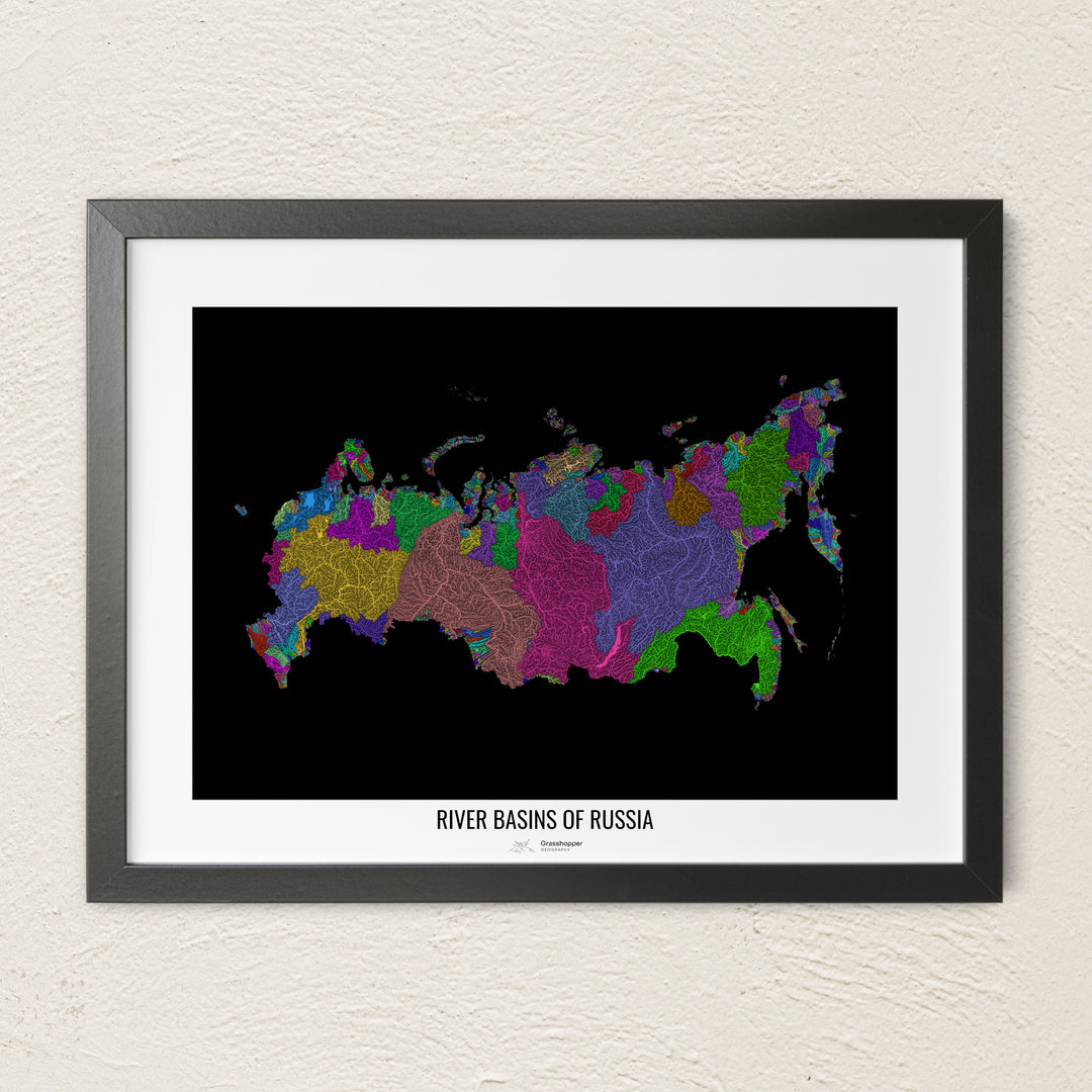 A colorful Grasshopper Geography river map on a light wall. The premium fine art poster is in a black frame with a white border. The name of the country, continent or region is printed under the image.