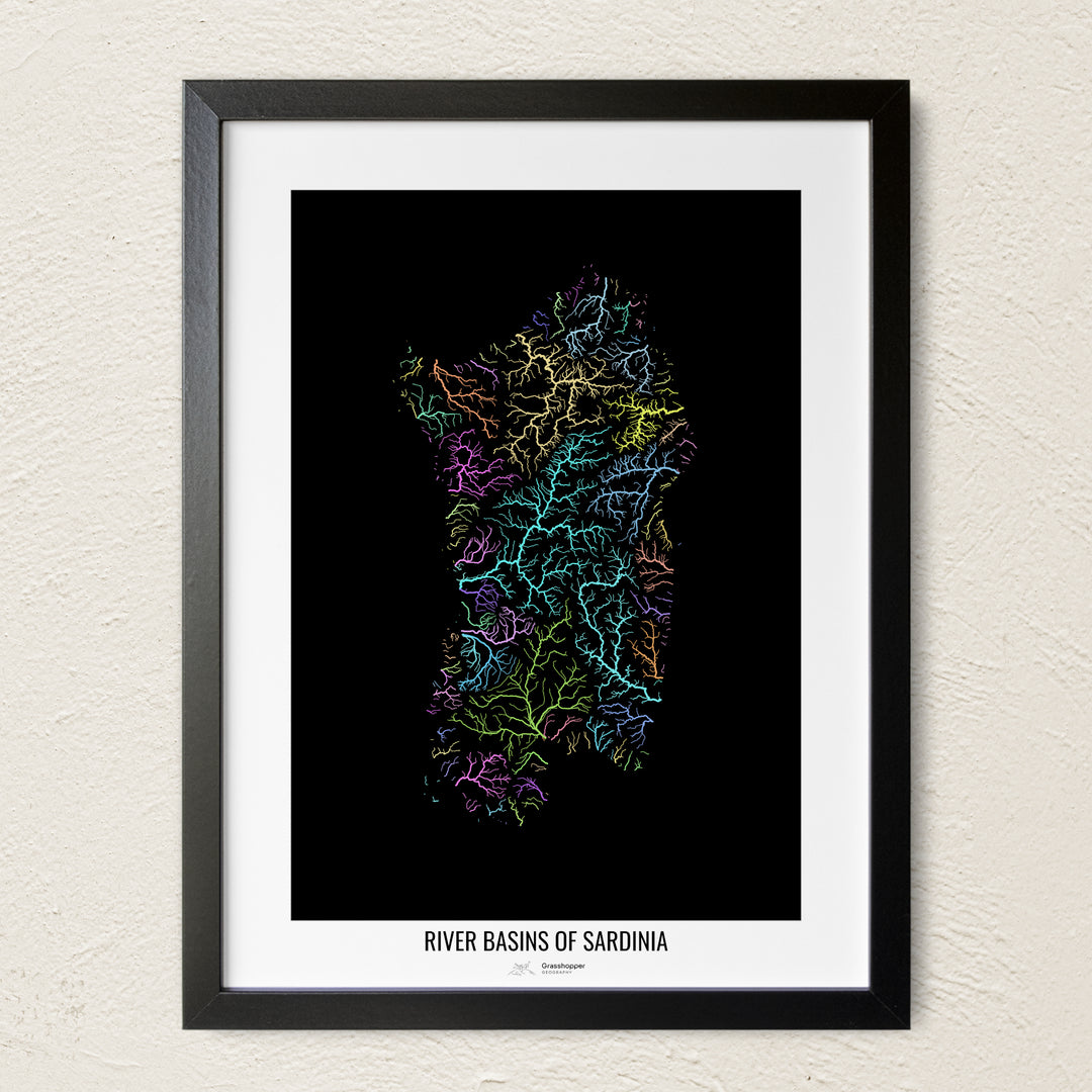 A colorful Grasshopper Geography river map on a light wall. The premium fine art poster is in a black frame with a white border. The name of the country, continent or region is printed under the image.