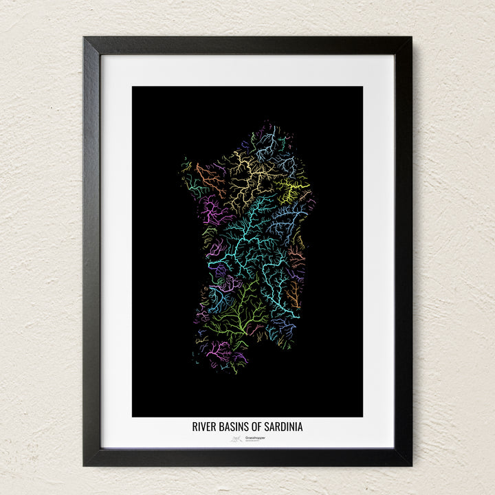 A colorful Grasshopper Geography river map on a light wall. The premium fine art poster is in a black frame with a white border. The name of the country, continent or region is printed under the image.